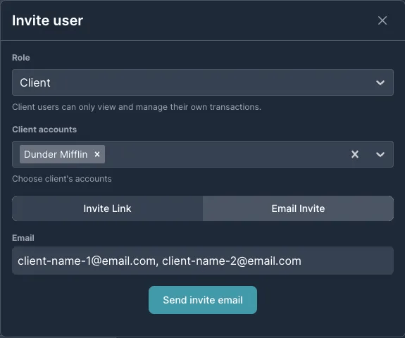 Client email invite interface