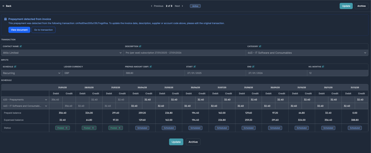 Prepayment schedule review interface