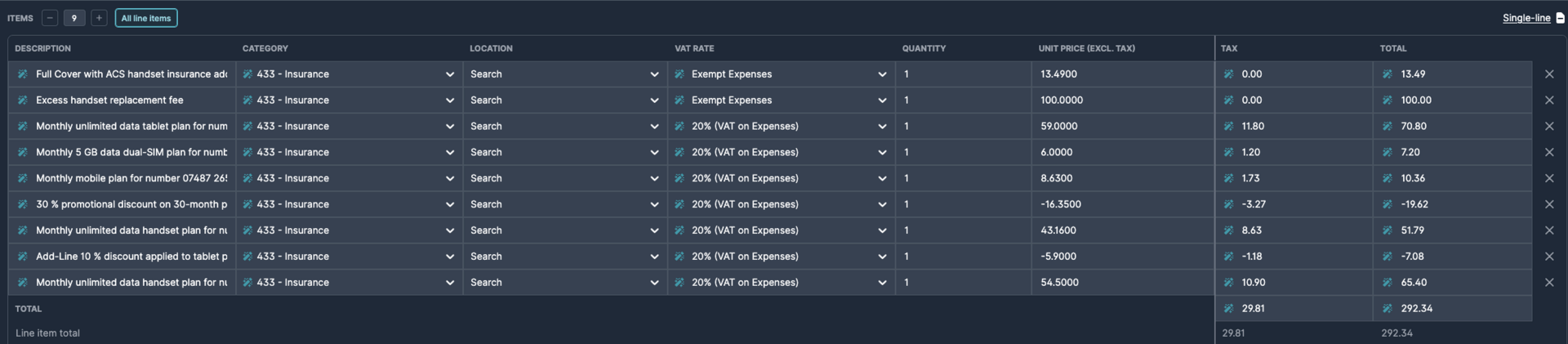 All individual line items displayed