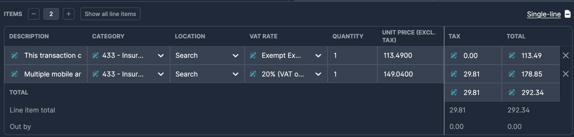 Line items grouped by VAT rate