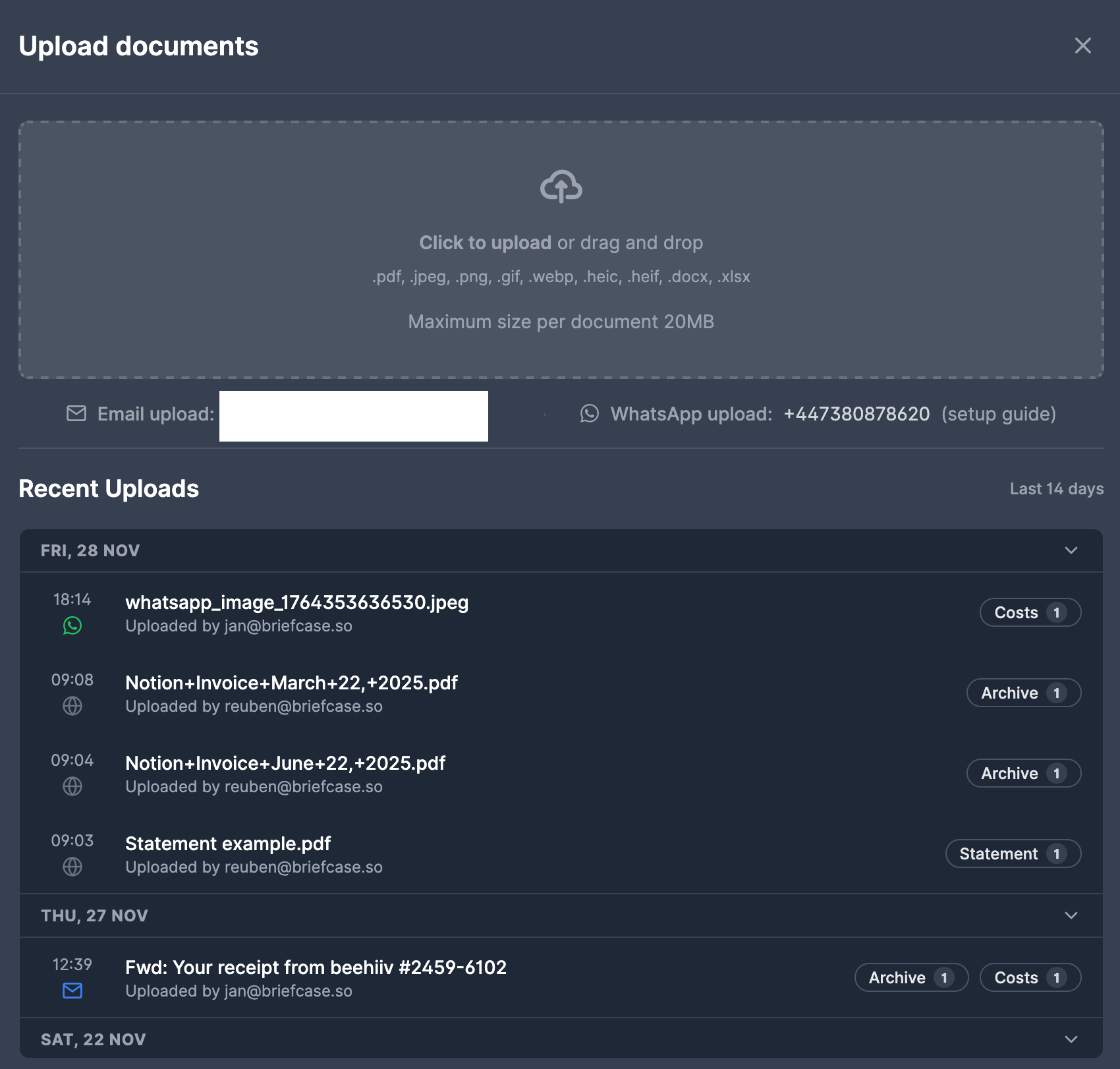 Recent uploads view showing submissions from the past 14 days