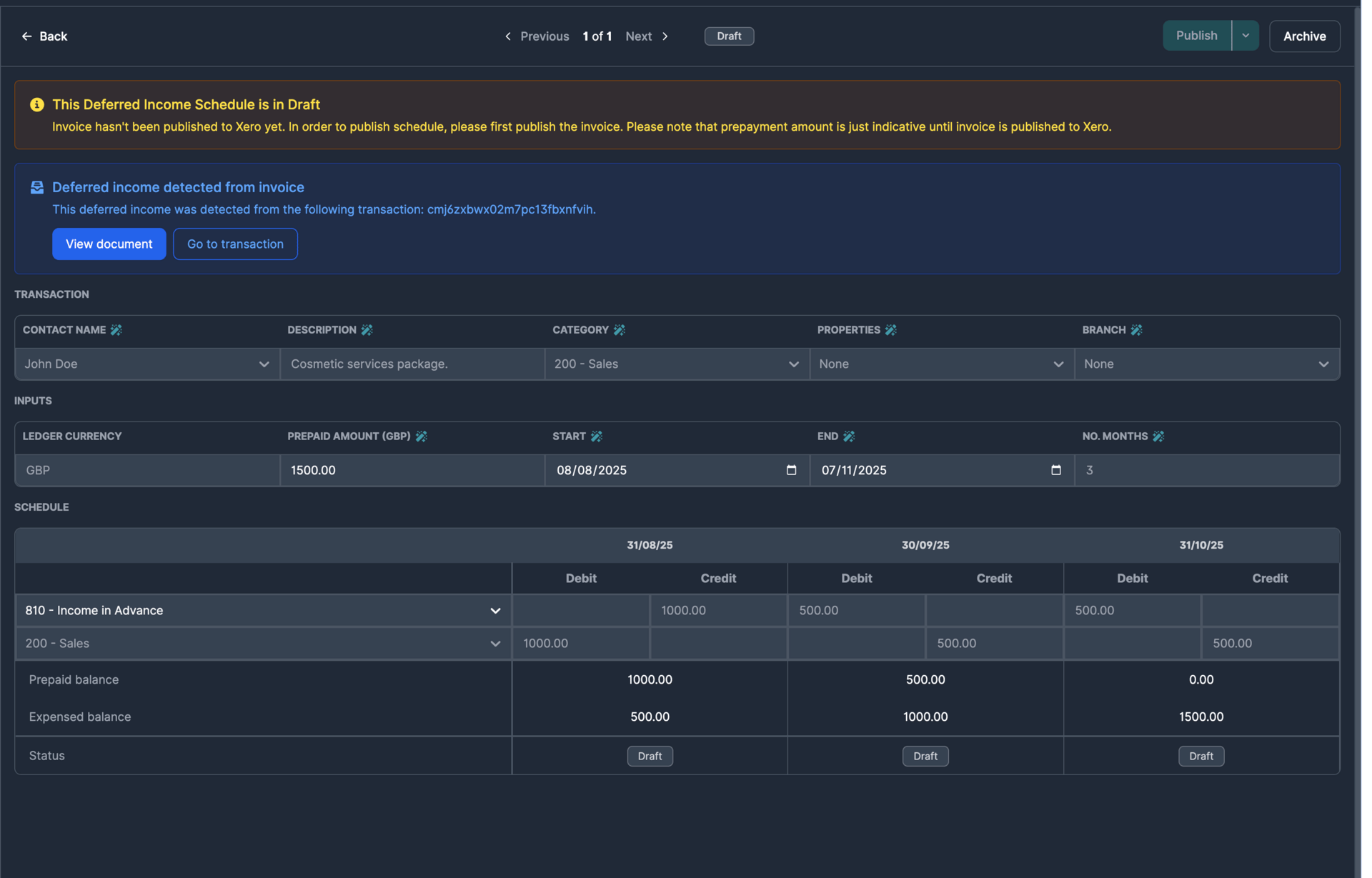 Deferred revenue detection and schedule creation