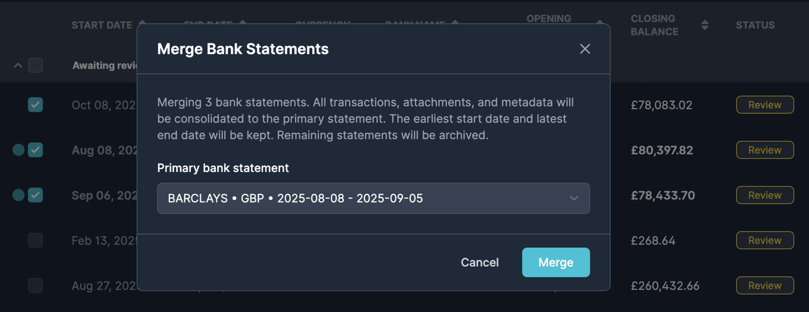 Bank statement merge interface