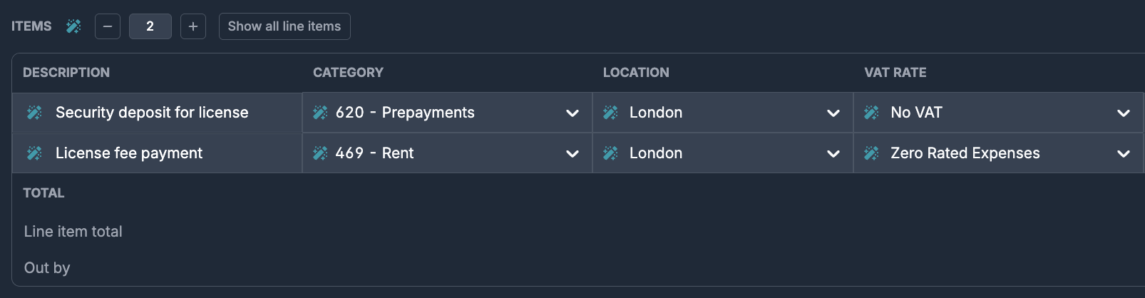 Line item categorisation interface showing individual category assignments