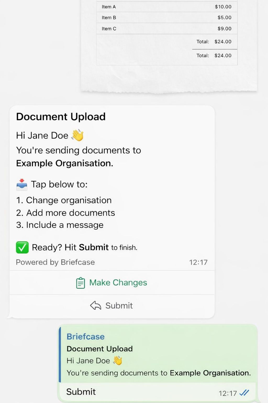 WhatsApp upload interface showing the enhanced flow with Make Changes button