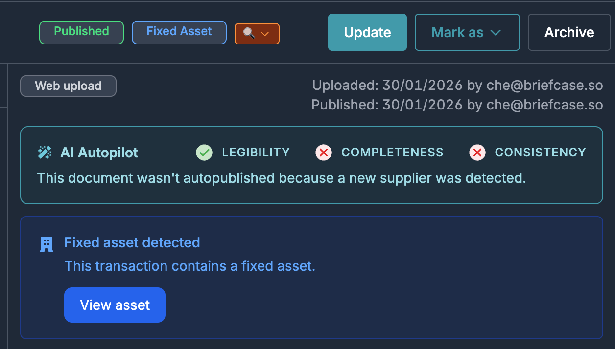 Fixed asset detected and displayed alongside transaction details