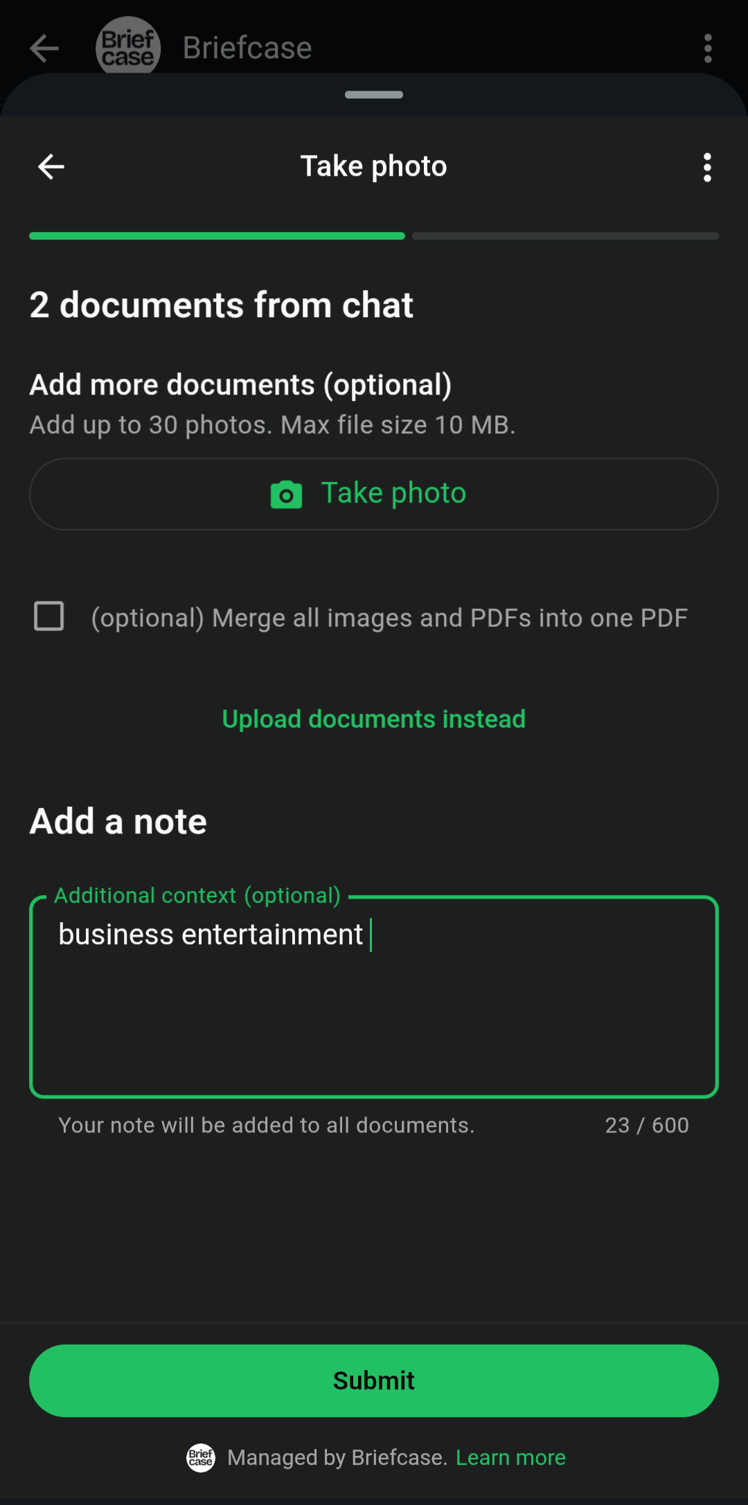 WhatsApp message with user context note about business entertainment