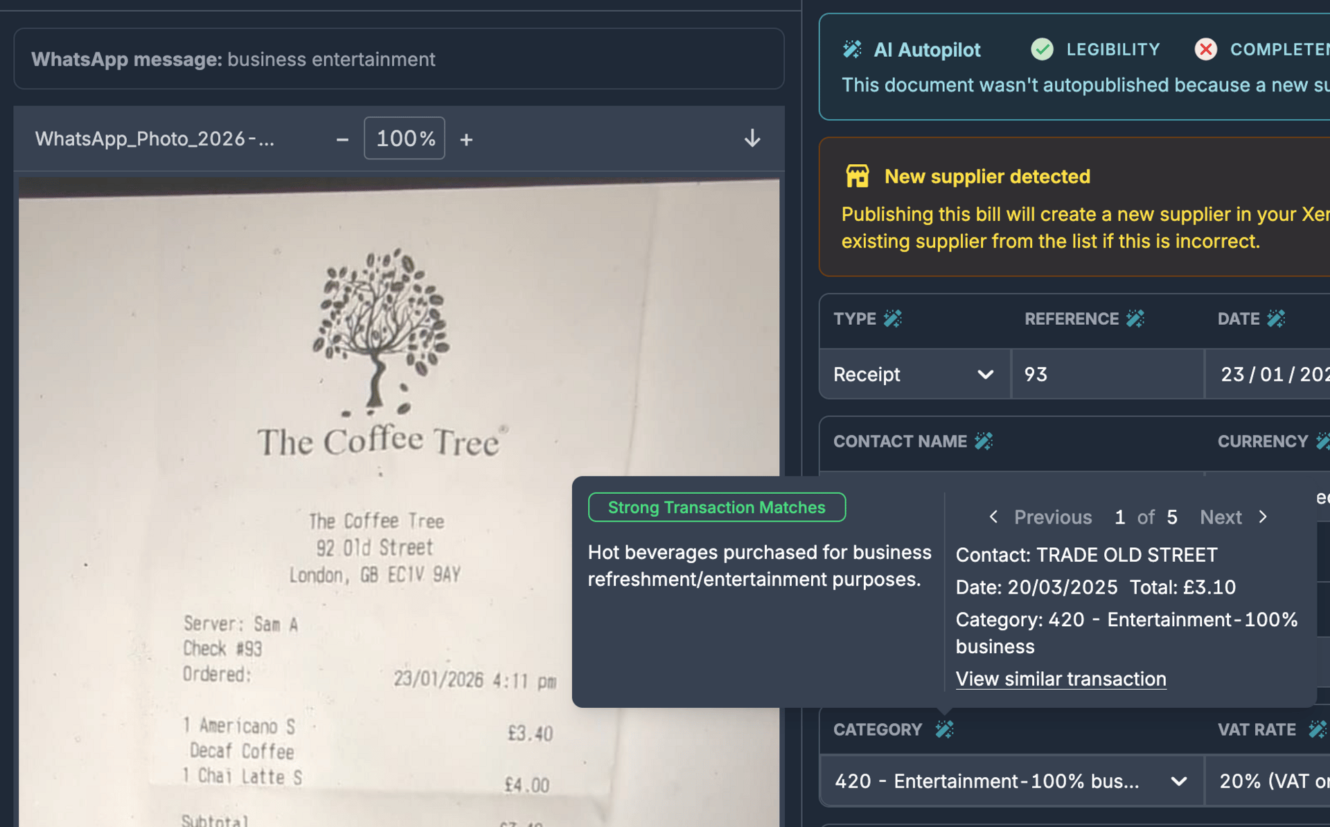 Transaction categorized as Entertainment - 100% business based on user context