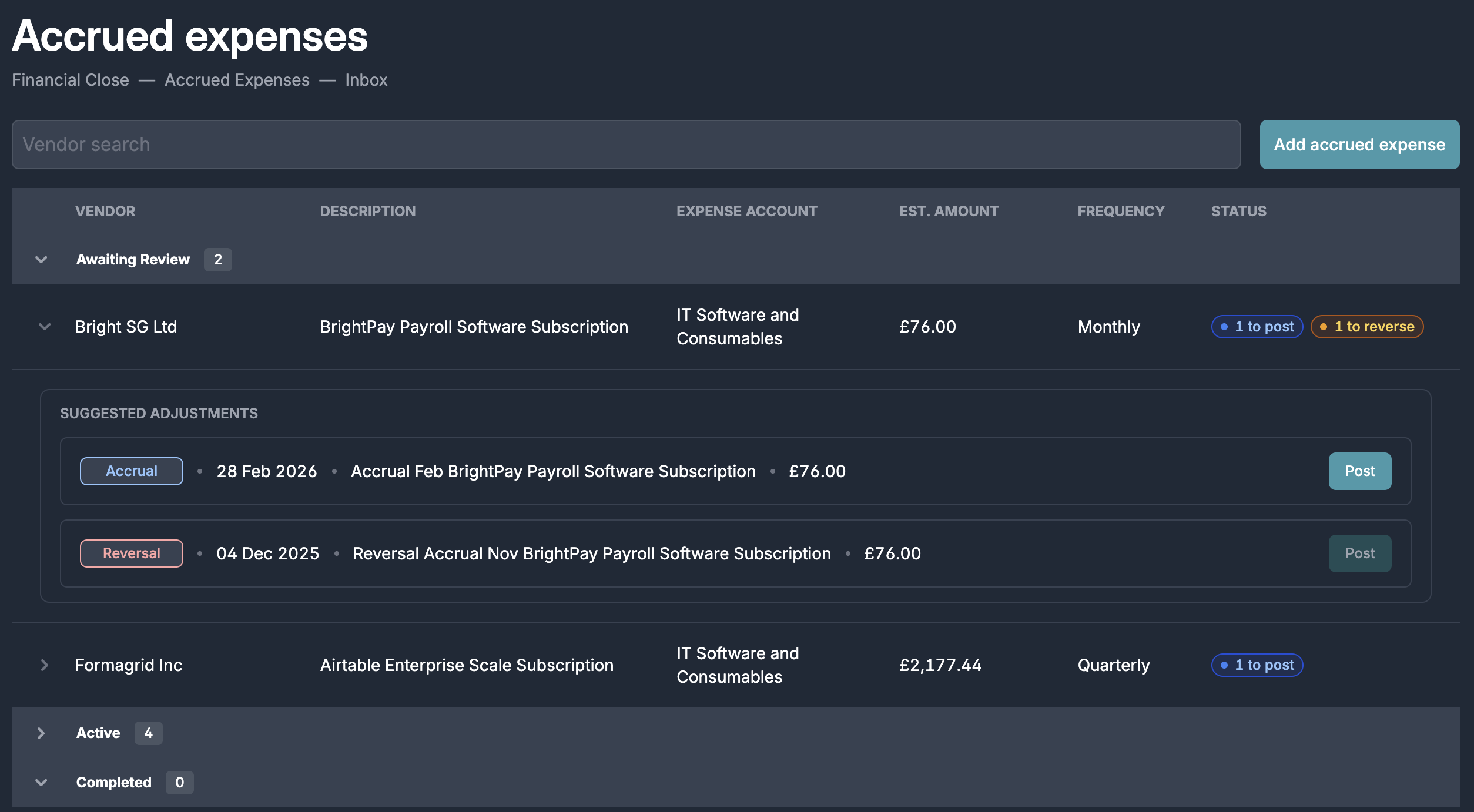 Accrued expenses inbox showing accrual and reversal suggestions