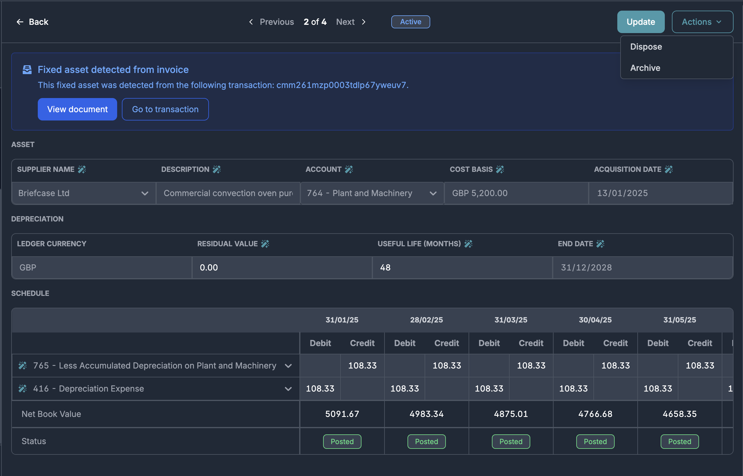 Actions menu with Dispose option on a fixed asset