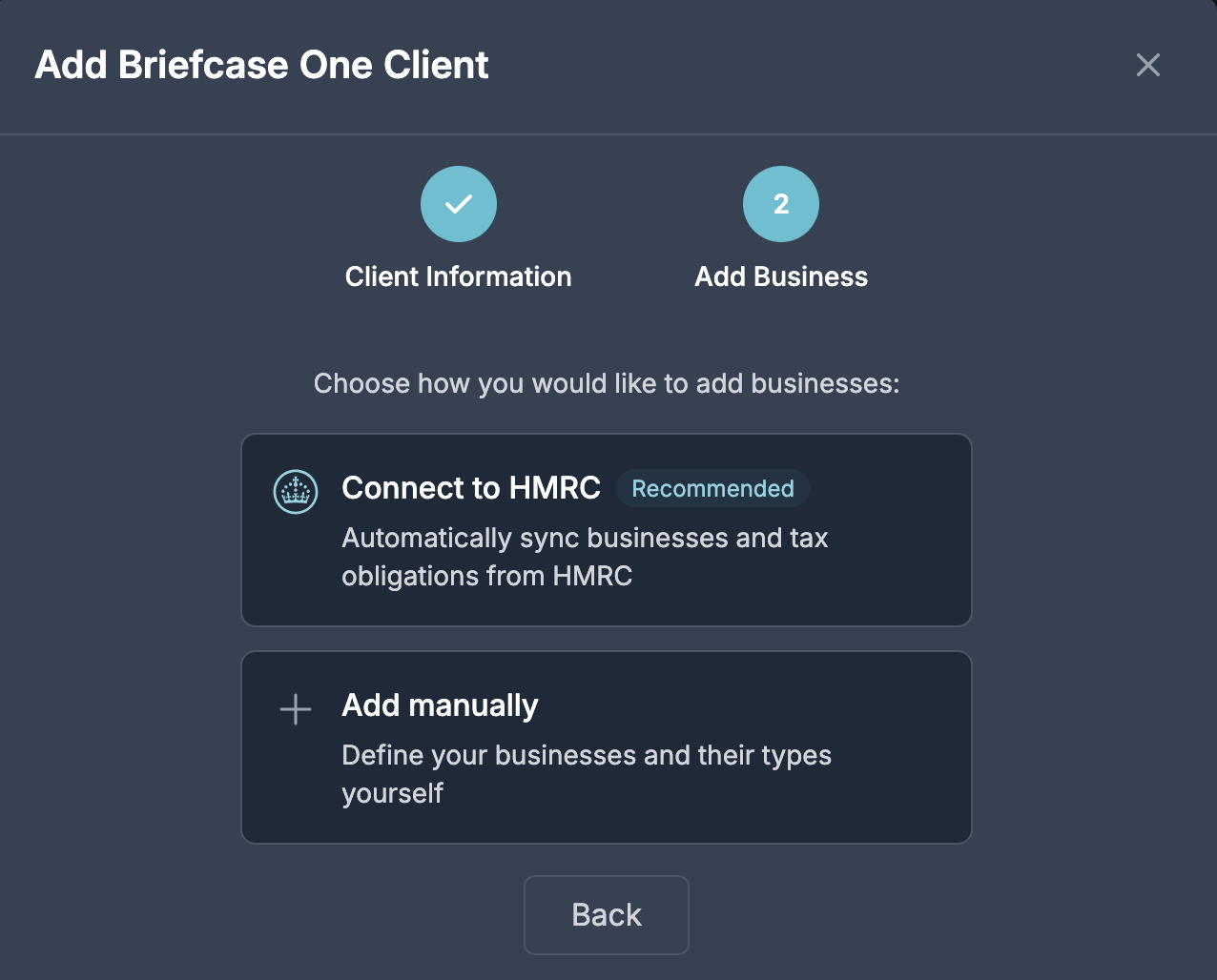 BriefcaseOne onboarding with HMRC connection option
