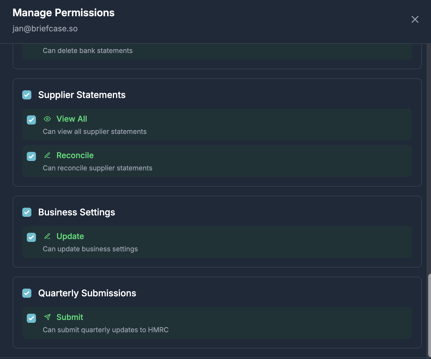 Permission selector showing Quarterly Submissions submit permission