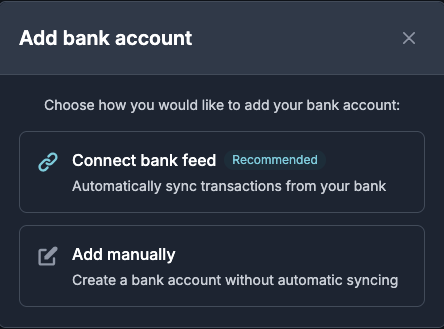 Bank page showing Add bank menu with Connect bank feed option