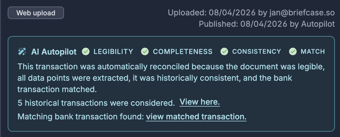 Bank transaction reconciled with a matching invoice
