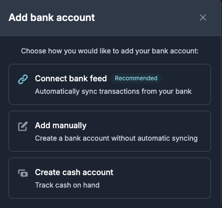 Adding a cash account when creating a new bank account in BriefcaseOne