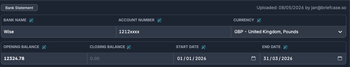 Account number extracted from an uploaded bank statement