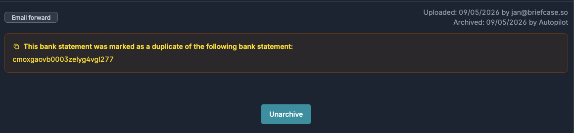Duplicate bank statement archived with a reference to the original