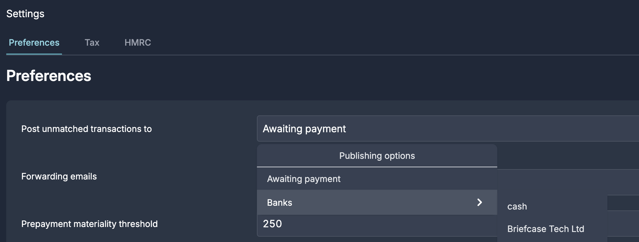 Configuring the default posting destination for unmatched transactions in Business settings