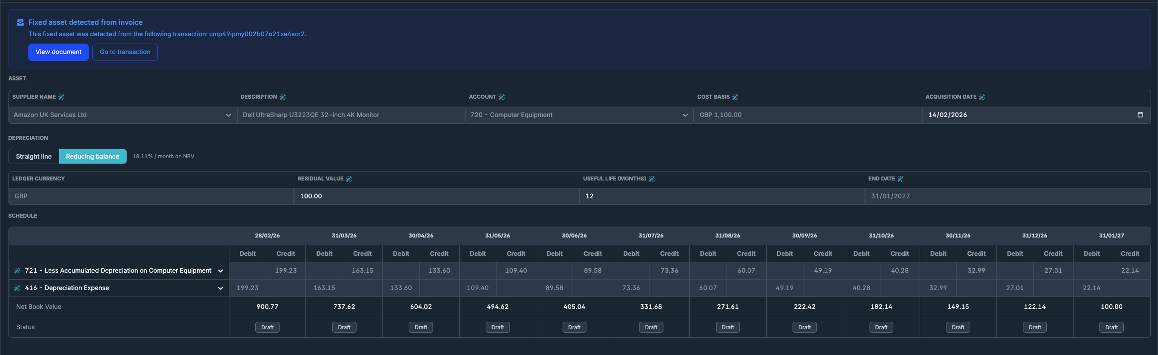 Reducing balance depreciation schedule with effective rate preview in the Fixed Assets UI