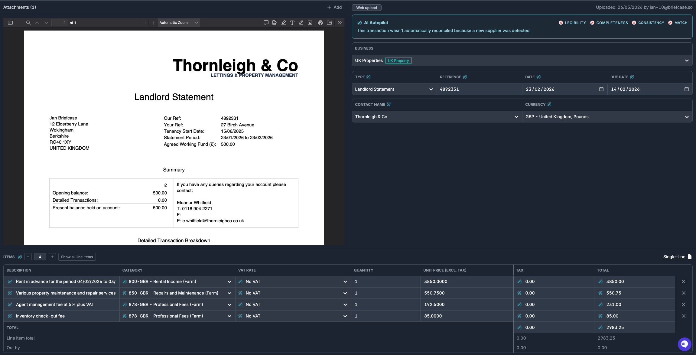 Landlord statement with sales and cost line items extracted separately