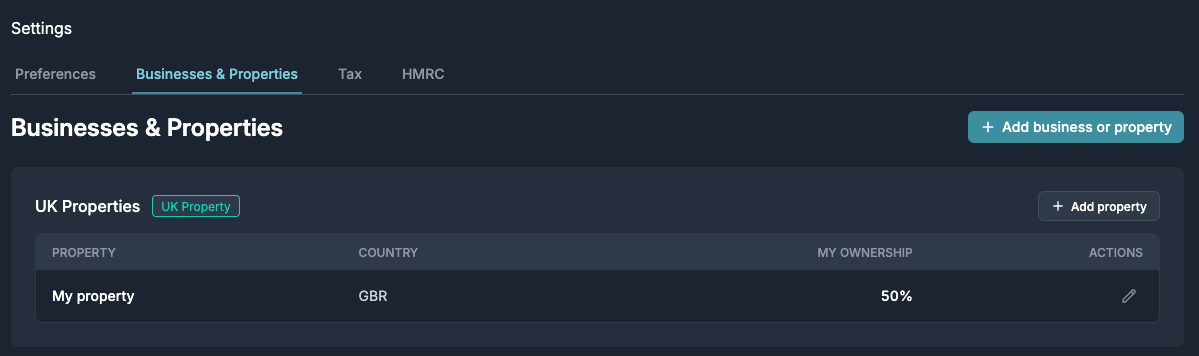 Business settings showing Businesses & Properties with ownership configuration