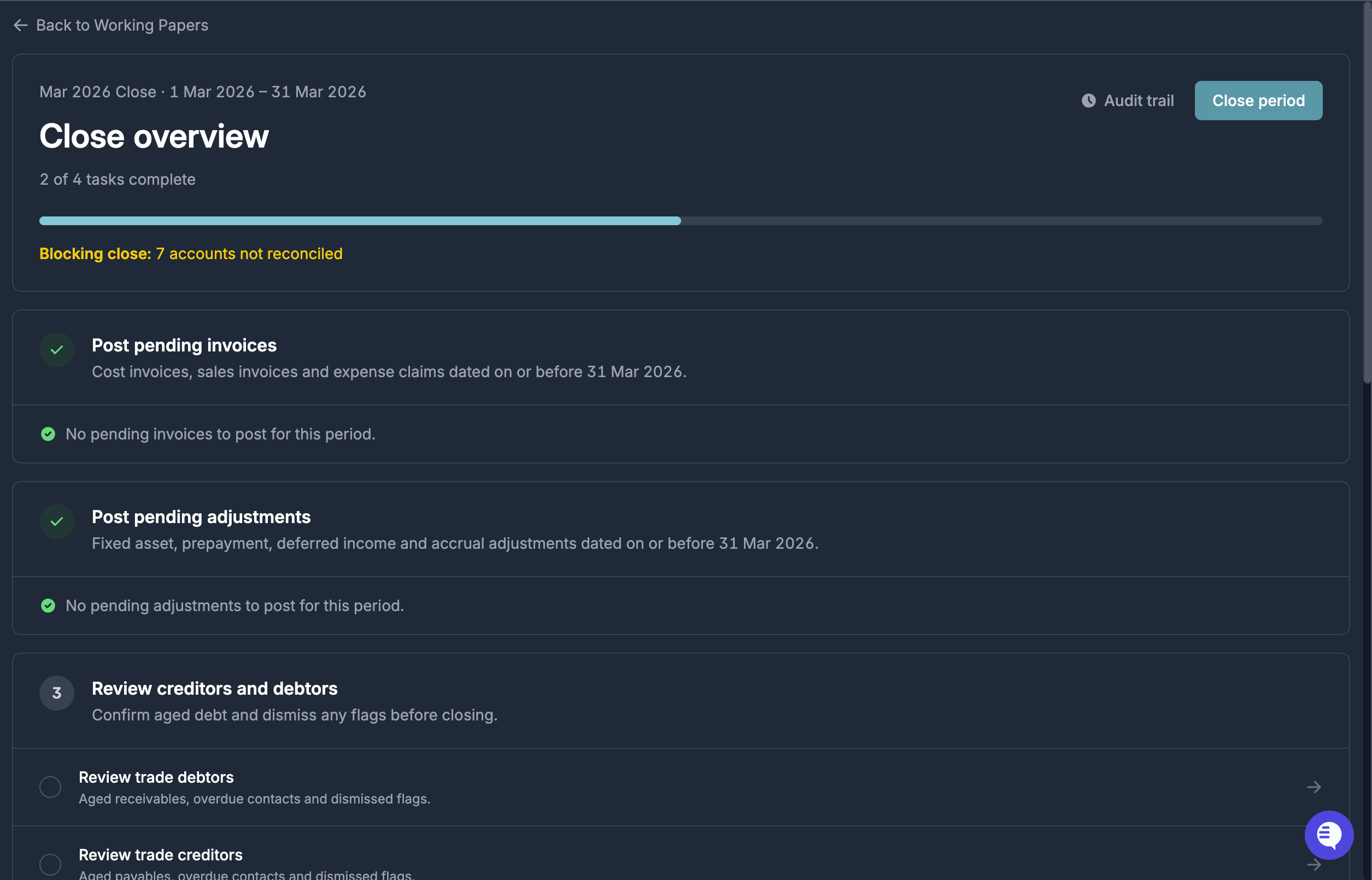 Working paper close overview showing progress across the close tasks