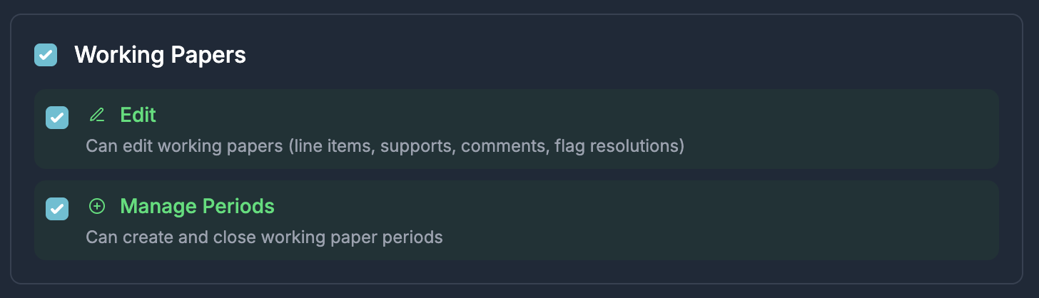 Working Papers permissions showing Edit and Manage Periods scopes
