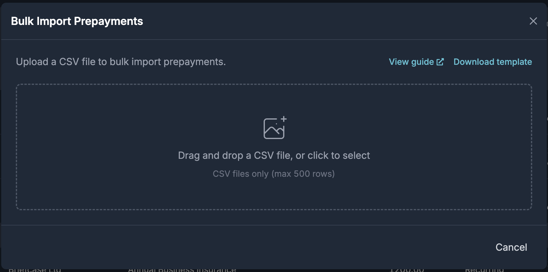Bulk Import Prepayments modal with a drag-and-drop CSV upload area and View guide and Download template links