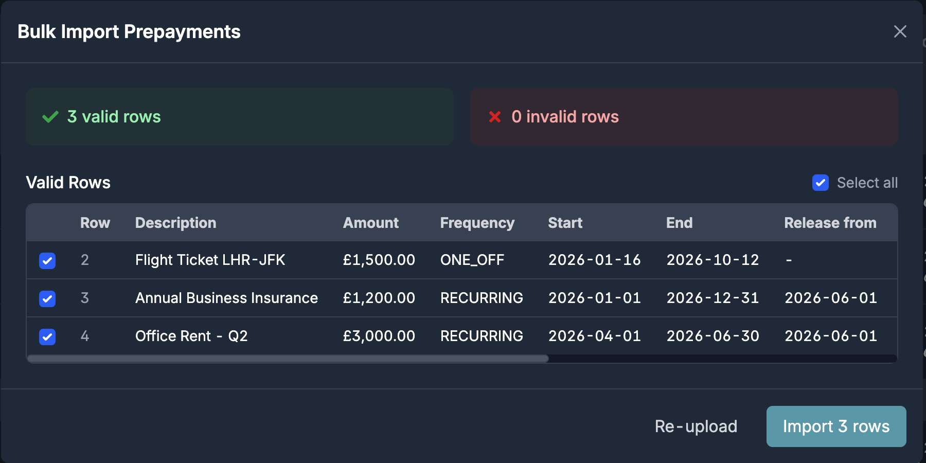 CSV validation view showing valid and invalid row counts, a table of parsed prepayment rows, and an Import rows button