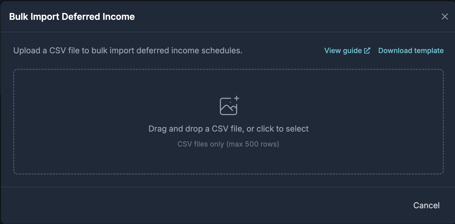 Deferred Income Inbox with the Add deferred income dropdown open and Bulk import selected