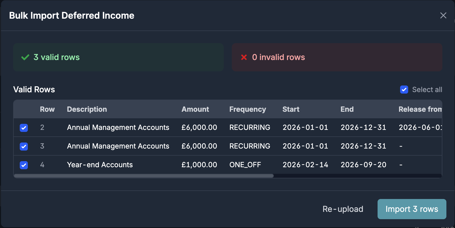CSV validation view showing parsed deferred income rows with errors flagged row by row and an Import rows button