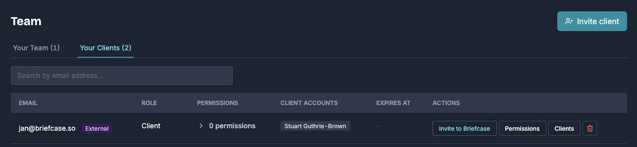 Invite to Briefcase option in Settings for inviting an external user
