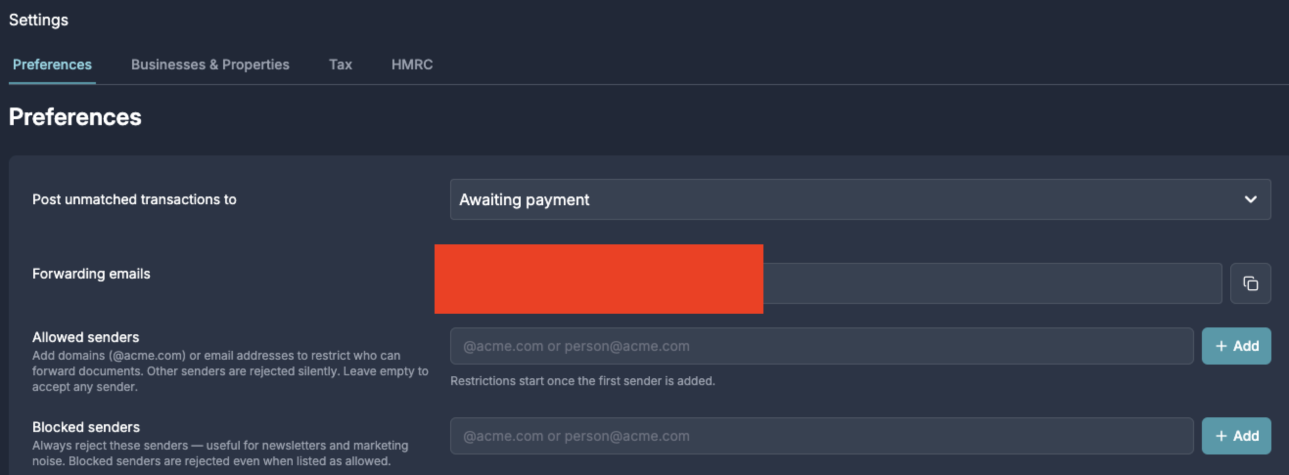 Business Settings email forwarding filter with allowed and blocked sender lists