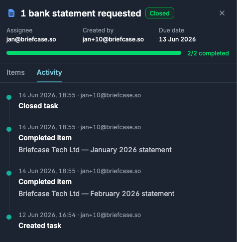 Auto-completed paperwork task showing a full audit trail