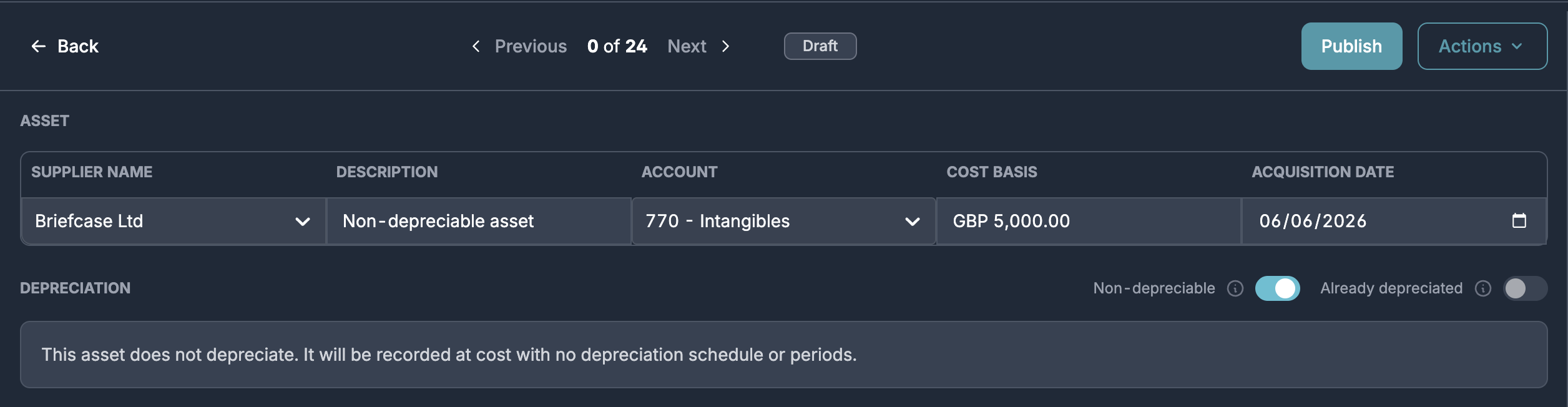 Fixed asset details page with the “Non-depreciable” switch toggled on and a message explaining that the asset does not depreciate and will be recorded at cost with no depreciation schedule or periods