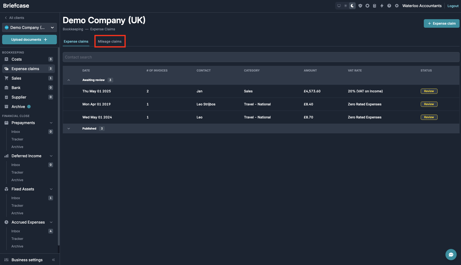 Expense Claims page with the Mileage Claims tab highlighted next to the Expense claims tab