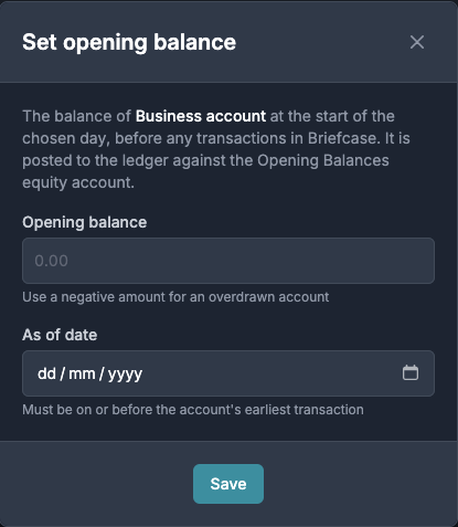 “Set opening balance” modal with fields for the opening balance amount and the as-of date, explaining that the balance is posted to the ledger against the Opening Balances equity account