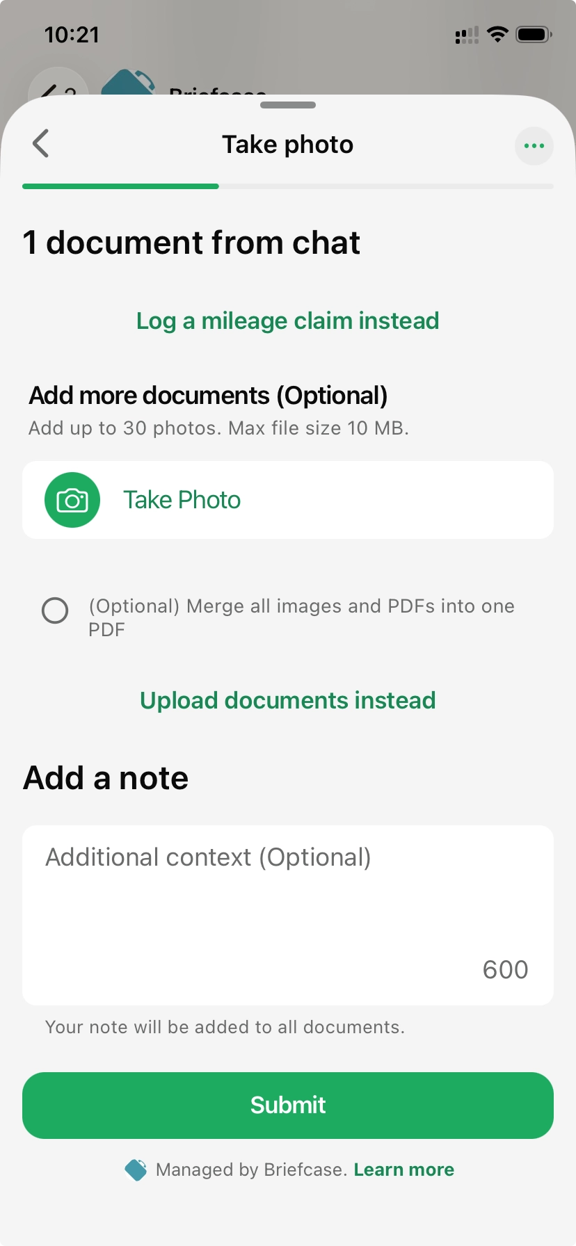 WhatsApp document submission flow with a “Log a mileage claim instead” link above the option to add more documents