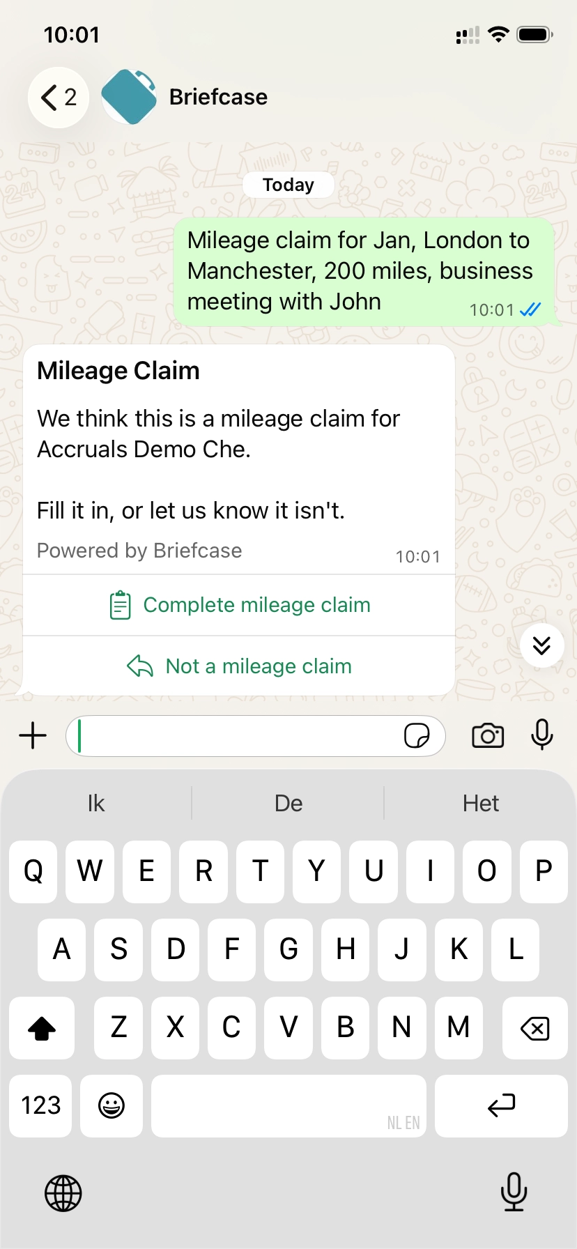 WhatsApp chat with Briefcase where a mileage claim message has been recognised, with “Complete mileage claim” and “Not a mileage claim” buttons