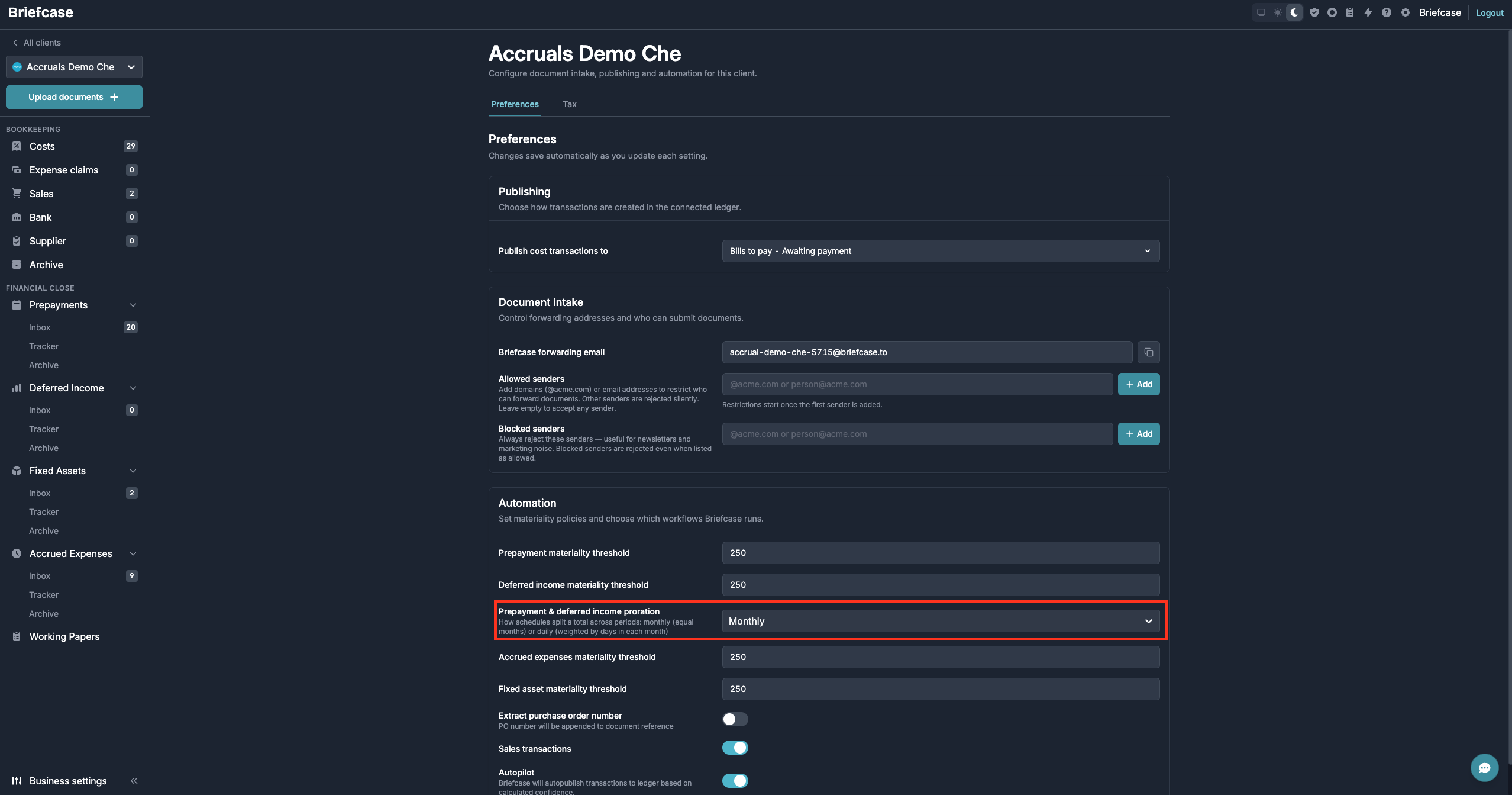 Business settings Automation section with the “Prepayment & deferred income proration” dropdown highlighted, set to Monthly