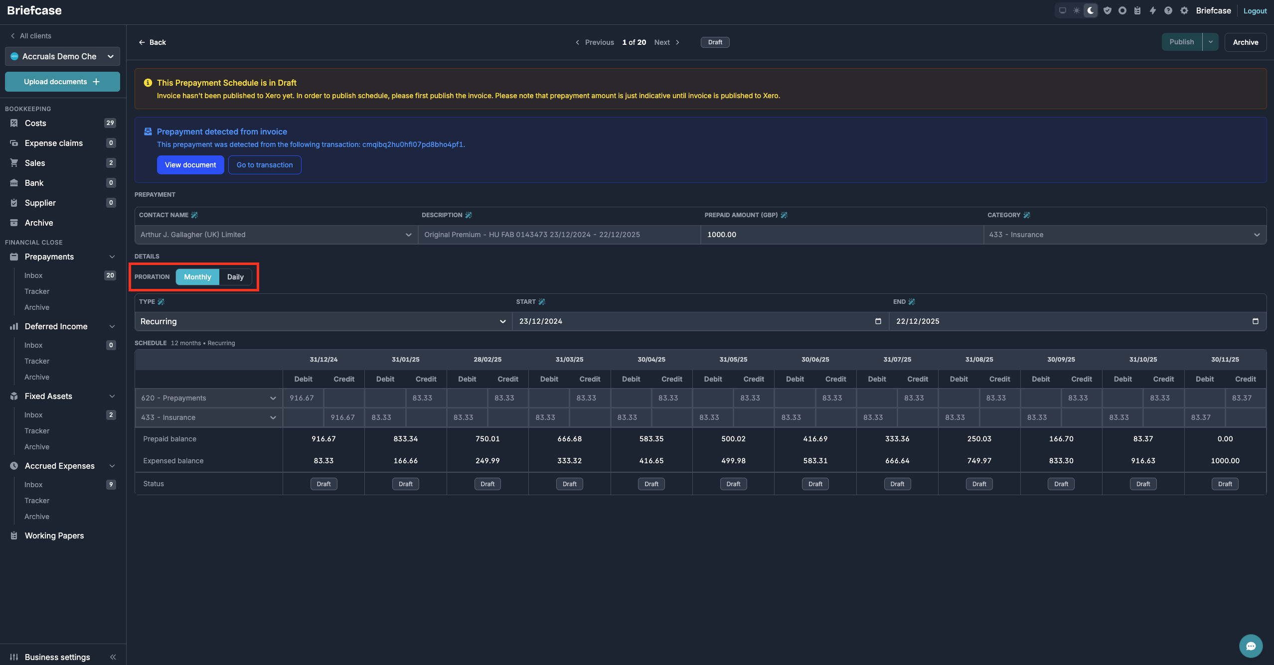Prepayment schedule page with the Proration toggle highlighted, offering Monthly and Daily options above the amortisation schedule