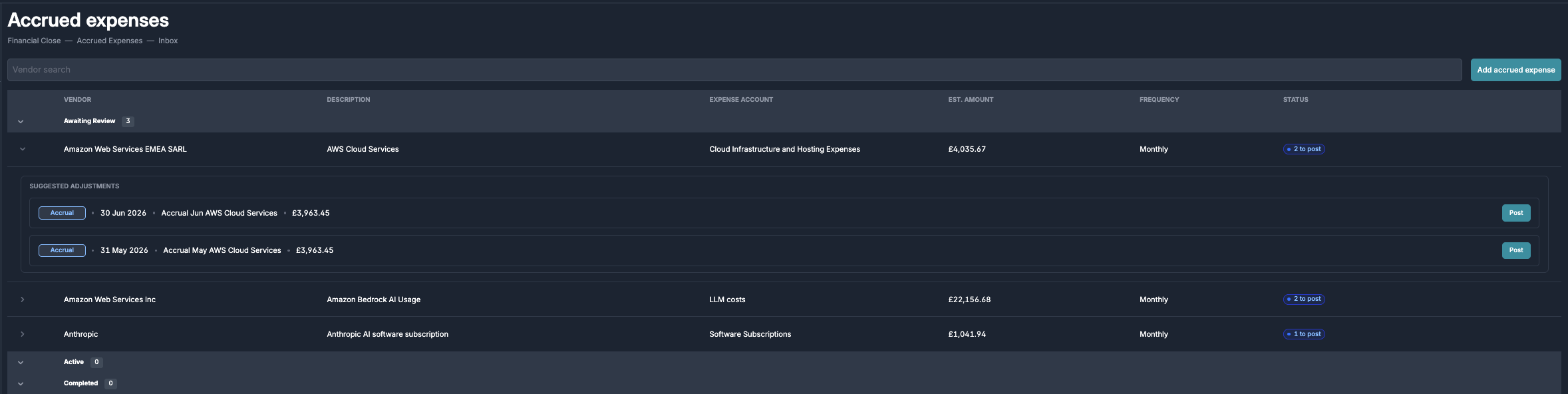 Accrued expenses inbox listing vendors awaiting review, with an expanded row for Amazon Web Services showing two suggested monthly accrual adjustments each with a Post button, and an Add accrued expense button at the top right